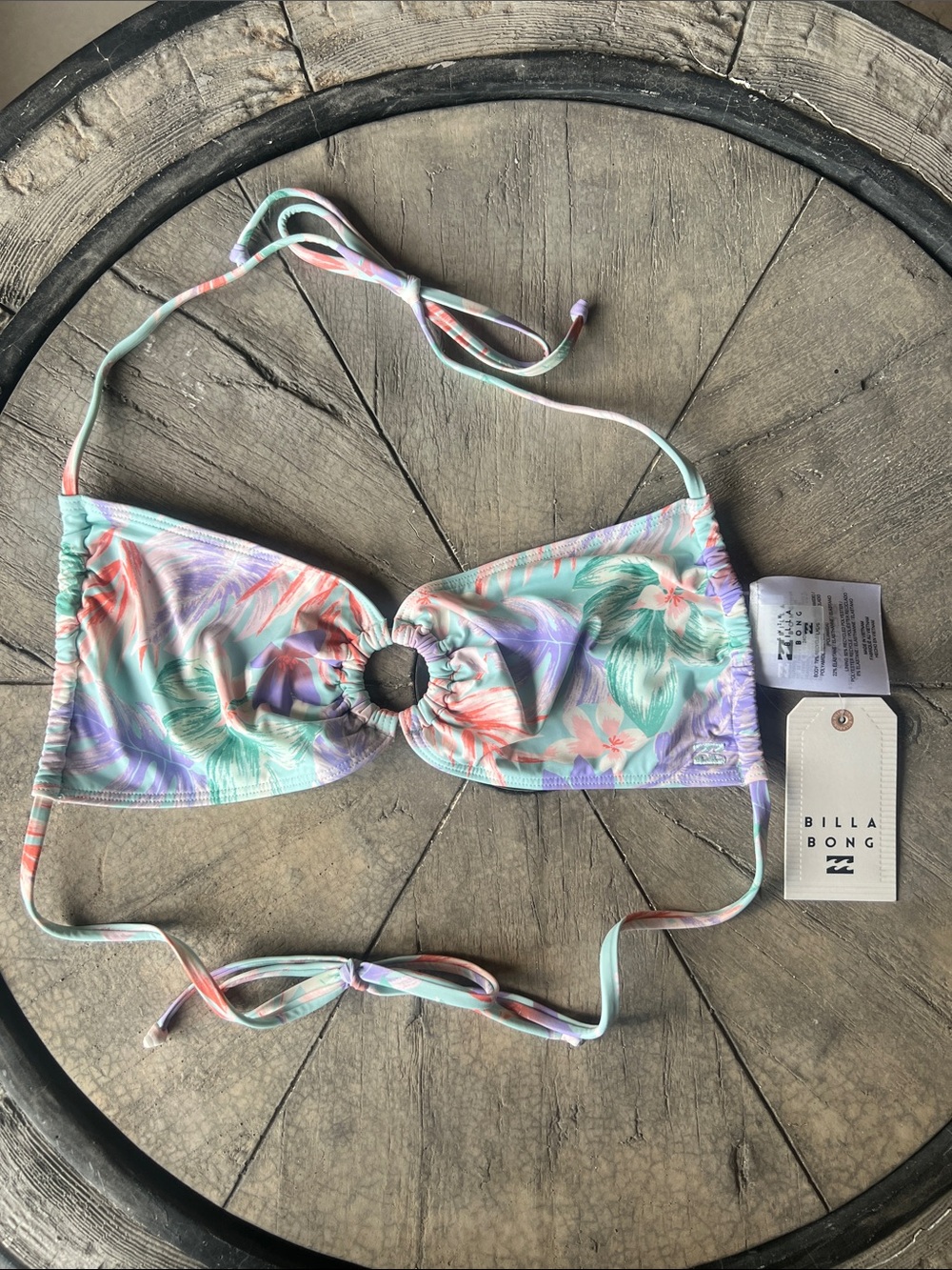 Billabong Pastel Floral Ring-Front Bikini Top - Mint, Lavender, Coral B24